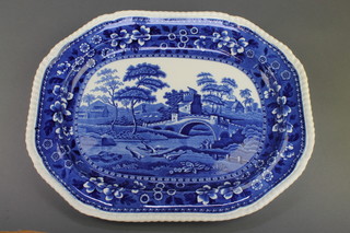 A Victorian Spode octagonal meat plate with extensive country river landscape 17" 
