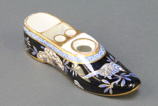 A 19th Century Spode Imari pattern inkwell and stand in the form of a shoe decorated with birds, no.2967 6"