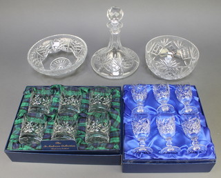 A cased set of 6 lead crystal sherries, ditto whisky tumblers, 2 ditto fruit bowls and a ships decanter