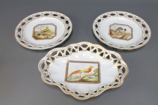 A 19th Century Worcester part dessert set comprising a shaped and pierced dish with Chinese Pheasant, together with 2 ditto plates American Kingfisher and American Goldfinch 10" 