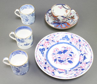 A 19th Century Copeland Spode tea cup and saucer decorated in the Japan pattern 2261, 3 coffee cans and a plate 