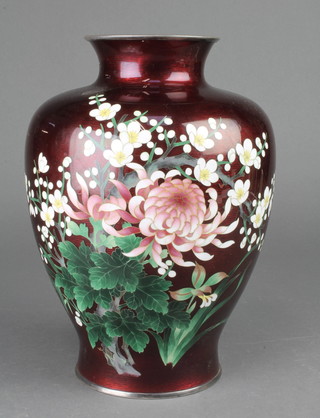 A good 20th Century Japanese silver and red ground cloisonne oviform vase, decorated with flowering peony, 10" h
