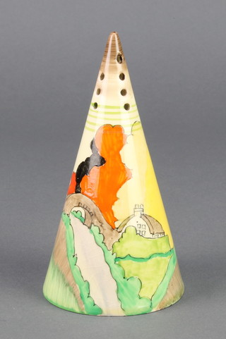 A Clarice Cliff style pottery sugar sifter of conical form, decorated a stylised landscape  5 1/2"h 