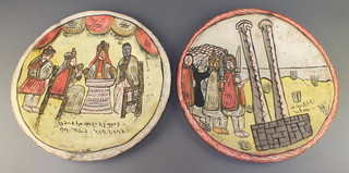 A pair of Eastern circular painted dishes decorated "biblical" scenes 14" 