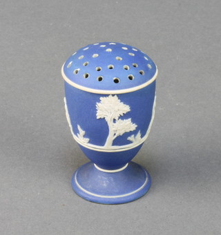 A 19th Century Wedgwood blue Jasperware pounce pot decorated with classical figures and impressed marks 2 1/2 