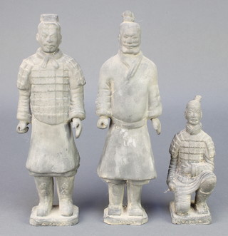 Three reproduction terracotta warrior figures 11" and 7", boxed