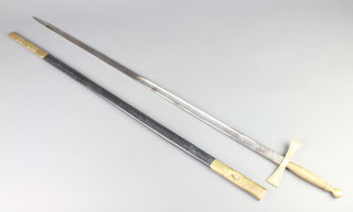 A Masonic Knights Templar sword by Spencer & Co. with 32" blade, leather scabbard, hole to base of sheath 