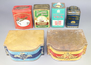 Two tins of Lowton Sovereign biscuits, a tin of Flowers Pekoe Tips, a Steamer Brand souvenir of the Scottish National Exhibition tin, a Fortnum & Mason Royal Blend tin, an 80th anniversary tin of Cadbury's Bournville Chocolate 