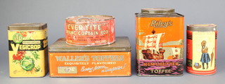 A Riley's rum and butter toffee tin, an Evertite spring curtain rod tin, a Waller's toffee tin, an ITP Vegicrop tin and a Meniere's powdered chocolate tin 