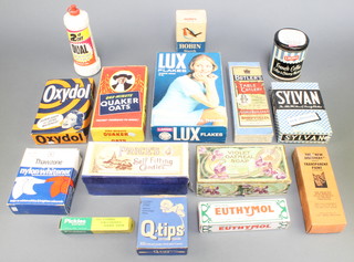 Three shop display packets 1 Minute Quaker Oats, Oxydol and Sylvan Lux soap powder and various other packaging 
