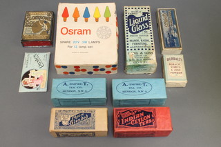 Four shop display packets - Indian Ceylon Tea, Choices Blend Teas and 2 A (Empire) Tea packets, a liquid glass packet, other packaging and a set of Osram fairy lights 