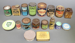 A tin of Milo tonic food, a tin of Whitehouse evaporated milk, tin of Stoodwel eggshell flat varnish, a tin of A.E. Onions high grade varnish and other various tins 