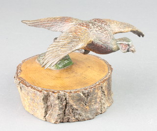 An Austrian cold painted bronze figure of a pheasant in flight, raised on an oak base 7" 