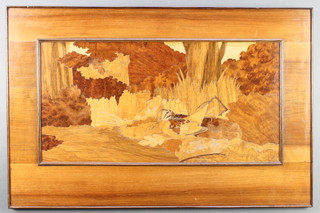 An Art Deco parquetry plaque decorated a woodcock 11" x 21 1/2" and 1 other decorated ducks in flight 17" x 22 1/2" 
