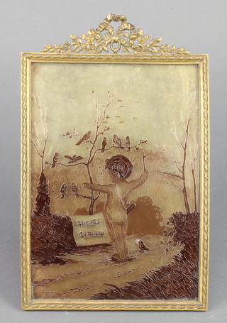 Giovanetti  R an etched glass panel of a boy conducting a bird orchestra 8" x 6" contained in a decorative gilt frame, signed and dated 1922 