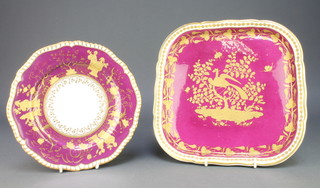 A 19th Century Spode square shaped  dish, the burgundy ground with gilt decoration depicting exotic birds and insects no.3993 11" together with a similar plate decorated with chinoiserie figures no. 3997 9" 