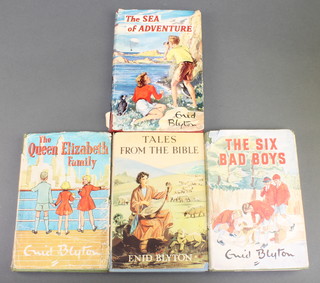 Enid Blyton, 4 volumes - "Six Bad Boys" 1951 (dust cover torn and some foxing), "The Sea of Adventure" (torn dust cover),  "Tales From the Bible" reprint 1958 (slight tear to dust cover) "The Queen Elizabeth Family" Fourth impression 1959 (torn dust cover) 