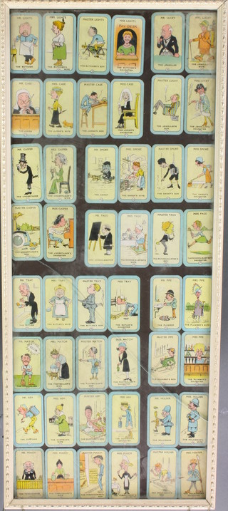 48 1930's Happy Family cards - Mr Ash, The Ash Family, The Match Family, The Tray Family and others, framed 22" x  9 1/2" 