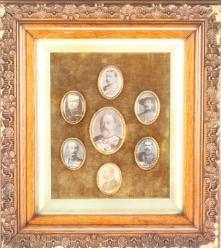 7 Boer War black and white portrait miniatures - Edward VII, French Buller, Baden Powell, Kitchener, Plumer and White, all contained in oval gilt frames and contained with a decorative frame 13" x 12"  