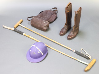 A pair of Argentinian "Arandu" brown leather polo boots complete with carrying bag, together with a Charles Owen polo hat and 2 bamboo mallets 