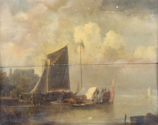 19th Century Continental oil on board, unsigned, figures and boats beside a coastal village 9 3/4" x 12 1/4" 