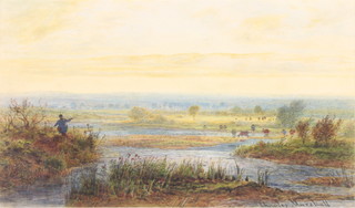 Charles Marshall, watercolour, signed a fisherman in an extensive country landscape with cattle 5 1/2" x 9 1/2" 