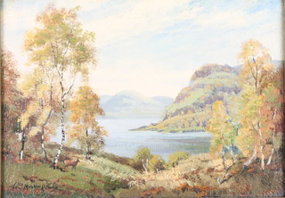 George Melvin Rennie, oils on canvas a pair, signed, Scottish lakeside scene with deer 9 1/2" x 13 1/2" 