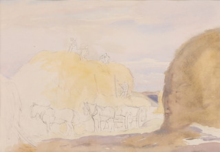 G Soper, watercolour and pencil, unsigned, study of figures, horses and haystacks 10" x 14 1/2", with Chris Beetles label to the reverse 