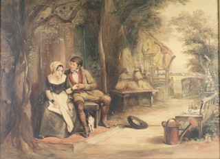 Charles Henry Weigall, watercolour, signed, a romantic study of figures beside a country dwelling with distant town 19" x 26" 
