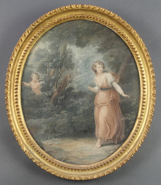 A 19th Century aquatint, study of a lady and cherub in a country setting, oval 11 1/2" x 9 1/2" 
