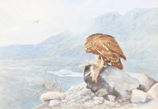 After John Cyril Harrison, watercolour, signed, study of an eagle with hare in an extensive mountainous landscape 10 1/2" x 14 1/2" 