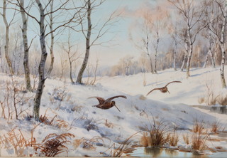 John Cyril Harrison, watercolour, signed, "Game birds in a winter landscape" 12 1/2" x 18" 