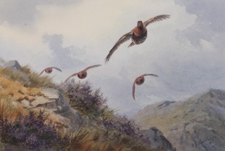 John Cyril Harrison, watercolour, signed, grouse in flight over moorland 8 3/4" x 12 1/2" 