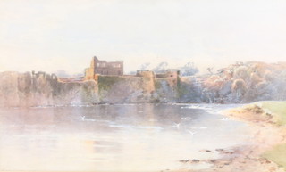 Frederick Tucker, watercolour, signed, seagulls beside a ruined building in river landscape 15" x 25" 