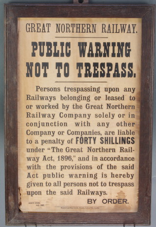 A poster for The Great Northern Railway, public warning not to trespass July 1896 17 1/2" x 11" and 2 framed maps 