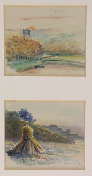 Dan Livingstone 1920, watercolours, a haystack and a river landscape, 2 framed as one 4 3/4" x 5" 
