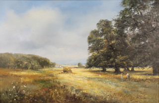 Dyer, oil on canvas, signed, a haymaking scene with figures in distant buildings 23" x 35 1/2" 
