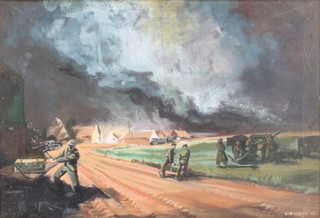 Redgrove '55, oil on canvas, signed, Second World War soldiers in an extensive landscape 17 1/2" x 25" 