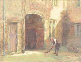 A Victorian oil on canvas, indistinctly signed and dated, gardener sweeping in a courtyard, 14" x 18" 