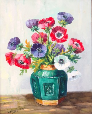 Yan Donker, oil on canvas, signed, study of anemone  in a Chinese vase 19" x 15" 