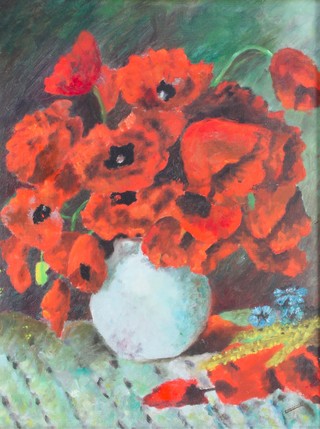 Christiane, oil on canvas, study of poppies in a vase 23" x 17 1/2" 