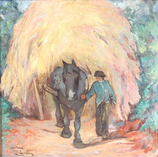 Antonin Gueton, oil on canvas, signed, study of a farm worker beside a horse with a cart of hay 25" x 25" 
