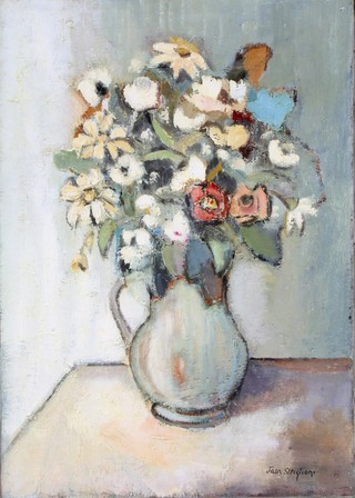 Jean Striglioni, oil on canvas, signed, still life study of a jug of spring flowers 25 1/2" x 18" 