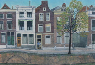 C C Hall, 1967, oil on board, signed, a view of a canal in Leiden Holland 11 1/2" x 16 1/2" 