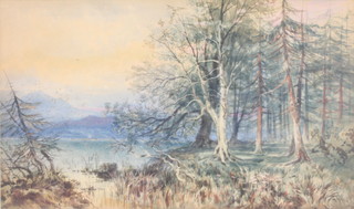 W Harford 1881, watercolour, signed, a lakeside scene with trees in distant mountains 12" x 21" 