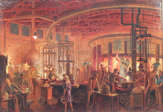 Atto Steer, oil on canvas, interior study of a German glass making factory at night with figures 32" x 46" 