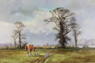 Alwyn Crawshaw, oil on canvas, signed, study of a cart horse and puppy in a field with a distant figure and buildings 23 1/2" x 35 1/2" 