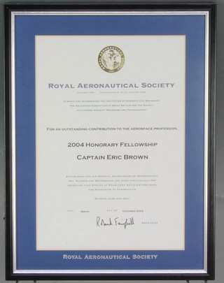From the estate of Captain Eric M Brown a Royal Aeronautical Society Honorary  Fellowship certificate 2004 to Captain Eric Brown  11" x 8" 