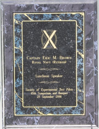 From the estate of Captain Eric M Brown The Society of Experimental Test Pilots 45th Symposium and Banquet guest speakers presentation plaque  to Captain Eric M Brown 12" x 9" 