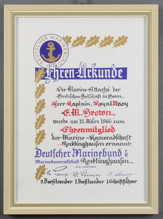From the estate of Captain Eric M Brown, A Dutch Maritime Honorary Member presentation certificate dated 12 March 1966 11" x 8" 
